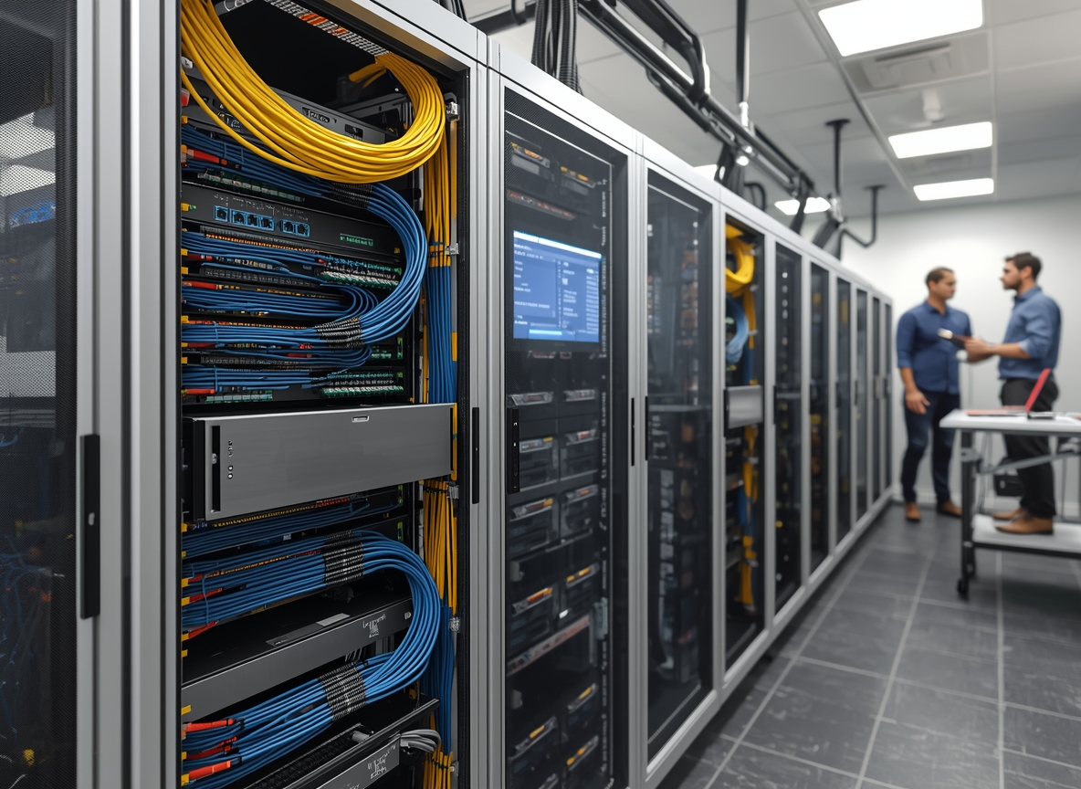 Professional network installation showing modern equipment and cable management